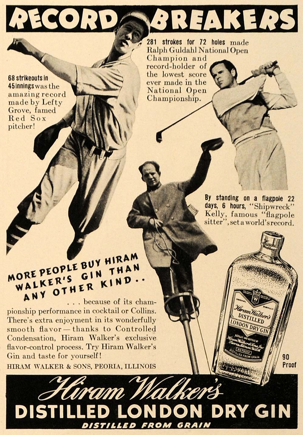 1937 Ad Hiram Walker's Dry Gin Flagpole Guldahl Lefty - ORIGINAL ESQ1