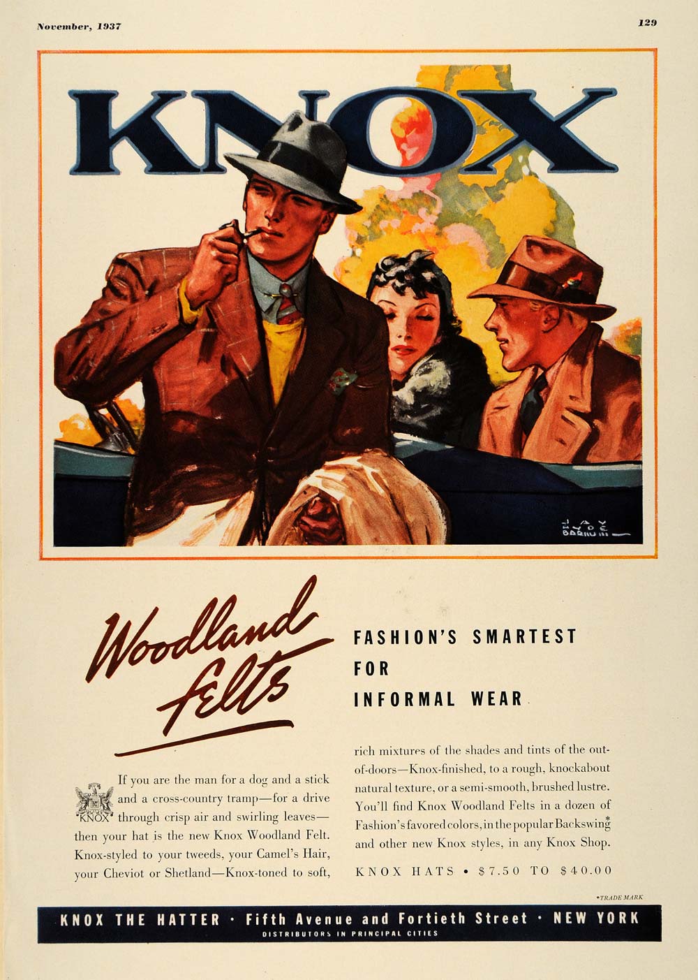 1937 Ad Jay Hyde Barnum Illustration Knox Hats Felts - ORIGINAL