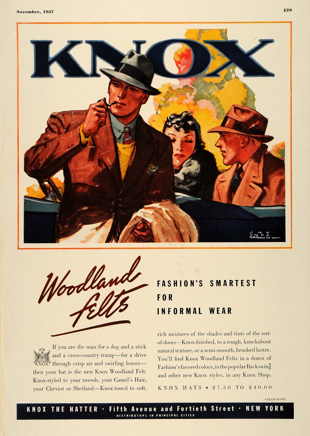 1937 Ad Jay Hyde Barnum Illustration Knox Hats Felts - ORIGINAL ADVERTISING ESQ2