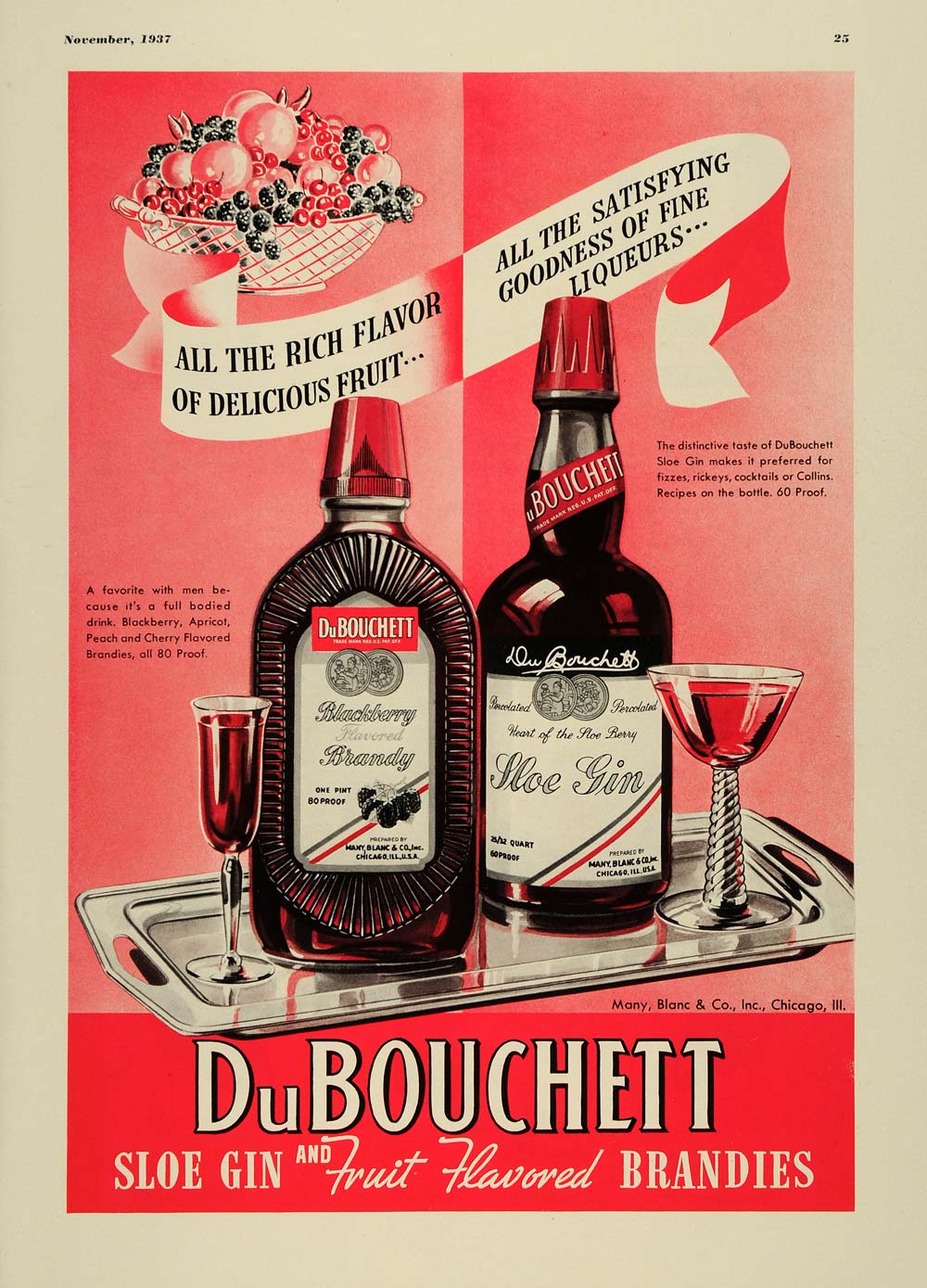 1937 Ad DuBouchett Sloe Gin Fruit Flavored Brandies - ORIGINAL ADVERTISING ESQ2