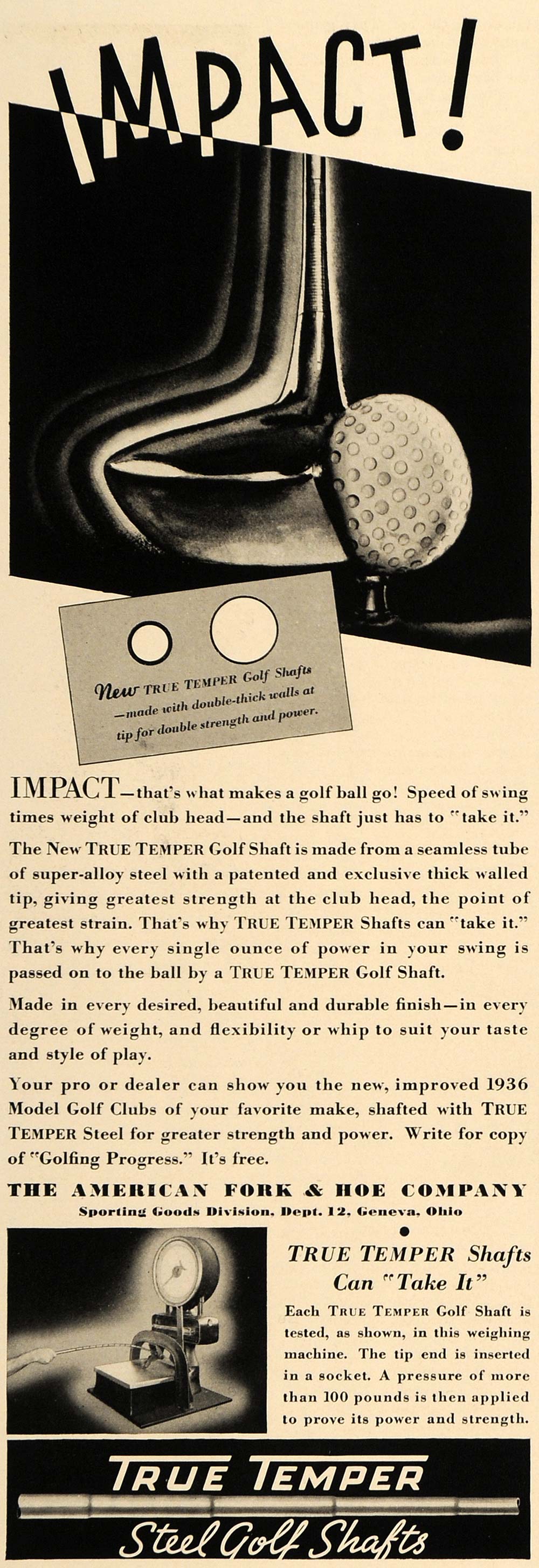 1936 Ad True Temper Golf American Fork & Hoe Company - ORIGINAL ADVERTISING ESQ2