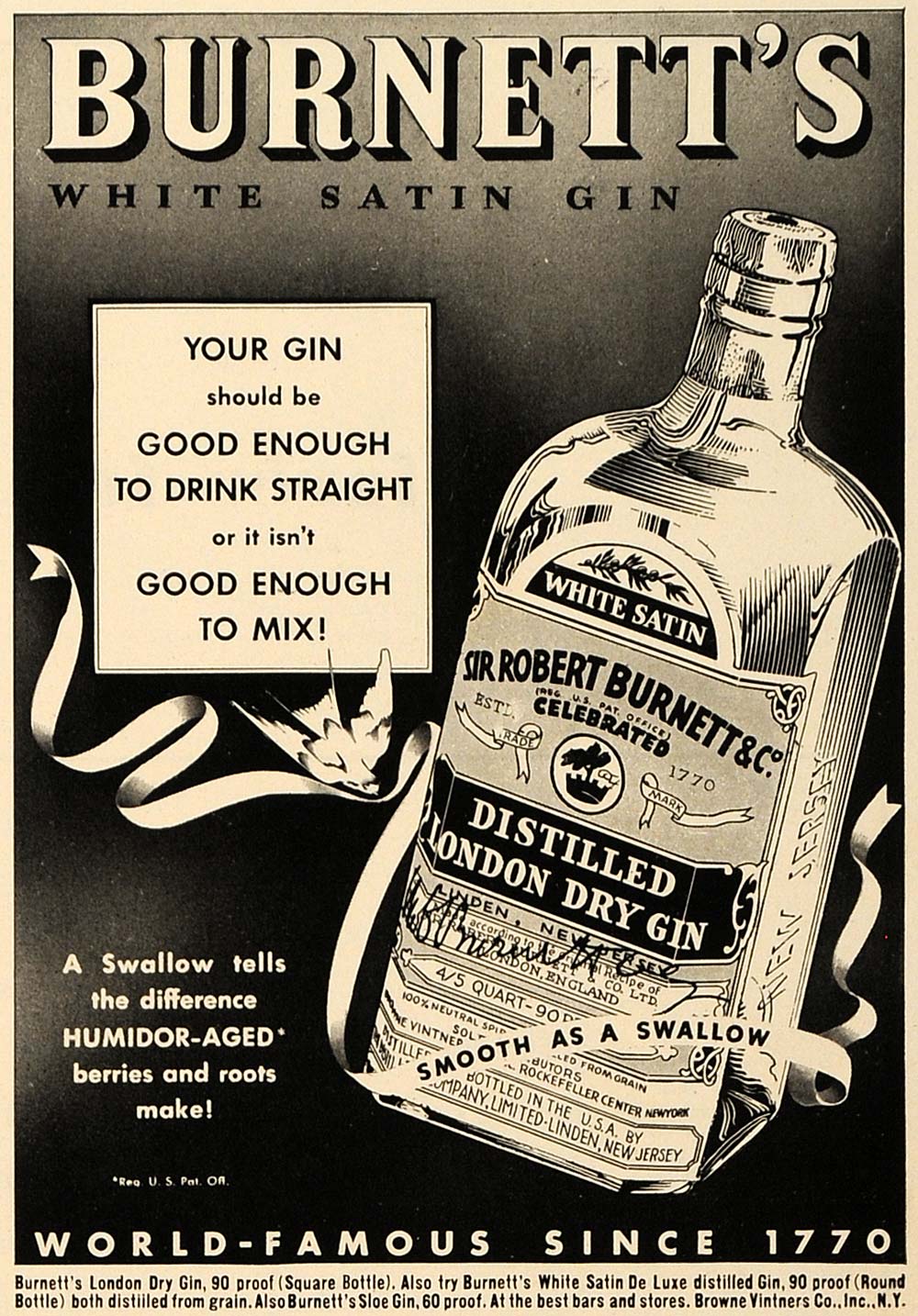 1937 Ad Sir Robert Burnett Company White Satin Dry Gin - ORIGINAL ESQ2