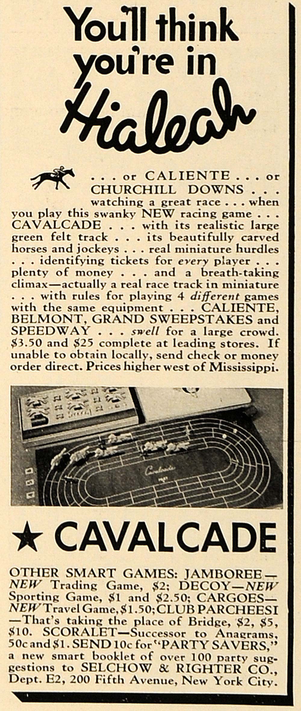 1936 Ad Hialeah Cavalcade Racing Board Game Selchow - ORIGINAL ADVERTISING ESQ2