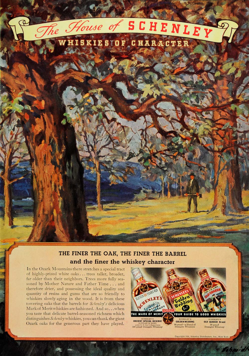 1936 Ad Schenley Whiskey Distributors Forest Ax Quaker - ORIGINAL ESQ2