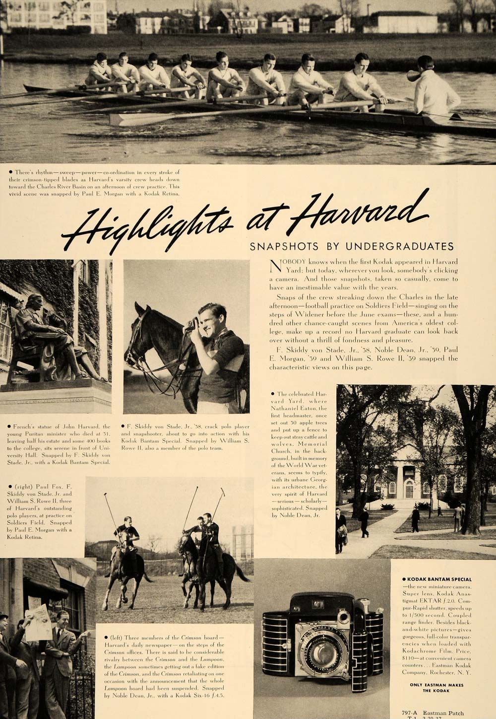 1937 Ad Eastman Kodak Cameras Harvard Undergraduates - ORIGINAL ADVERTISING ESQ2
