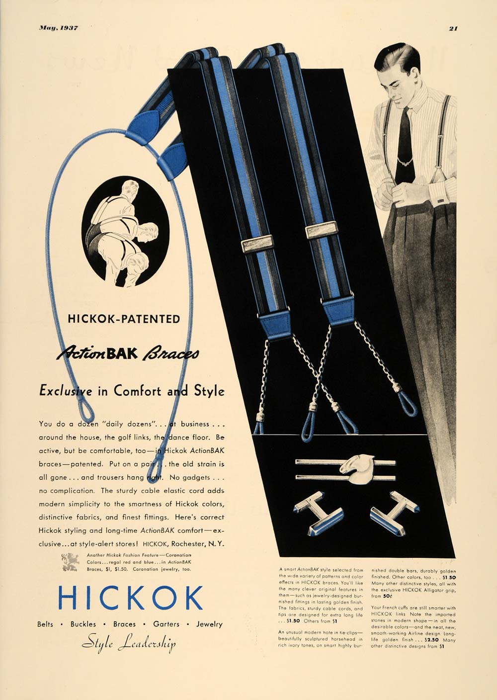 1937 Ad Hickok Actionbak Suspenders Men's Braces Garter - ORIGINAL ESQ2