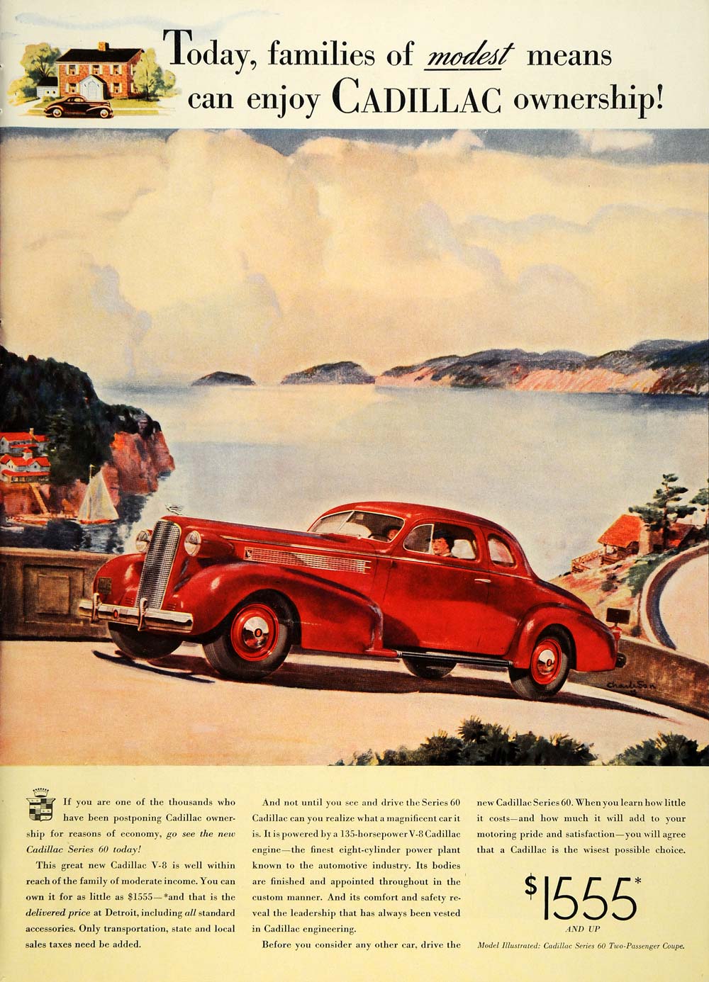 1937 Ad Cadillac Motorcar Series 60 V-8 Red Coupe Model - ORIGINAL
