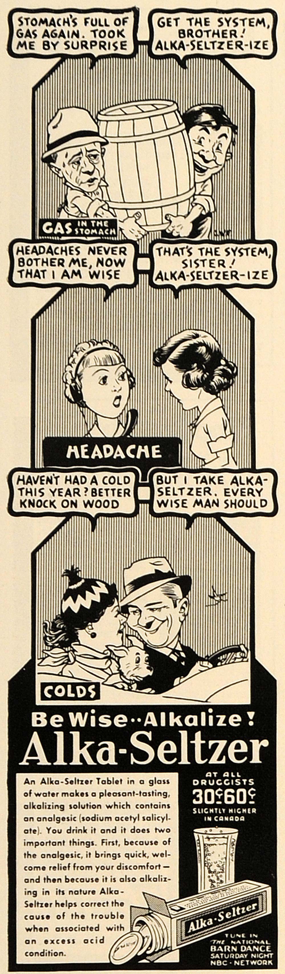 1937 Ad Alka-Seltzer Stomach Headache Cold Relief Comic - ORIGINAL ESQ2