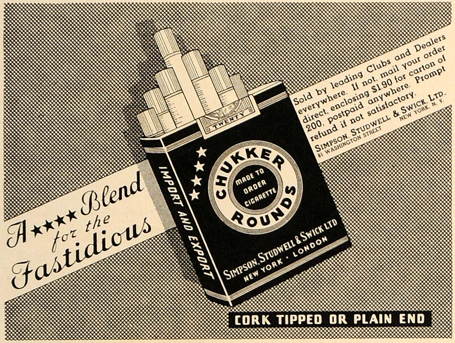 1937 Ad Simpson Studwell Swick Chukker Round Cigarettes - ORIGINAL ESQ2