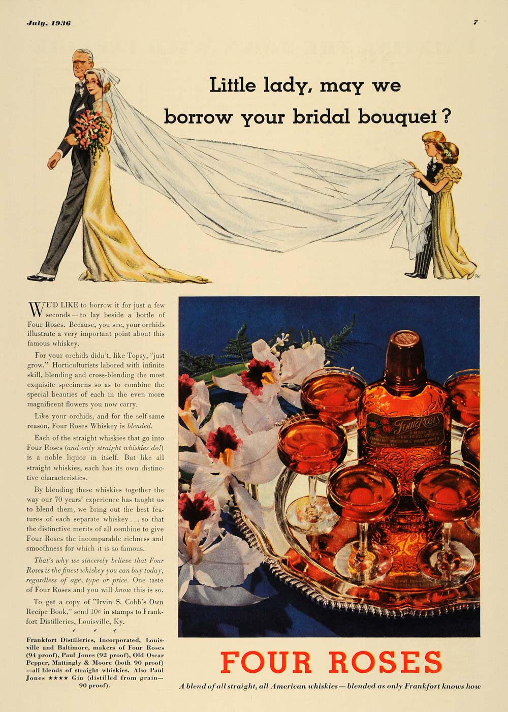 1936 Ad Wedding Bridal Bouquet Four Roses Whiskies - ORIGINAL ADVERTISING ESQ3