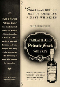 1936 Ad Park Tilford Private Stock Whiskey Bottle NY - ORIGINAL ADVERTISING ESQ3