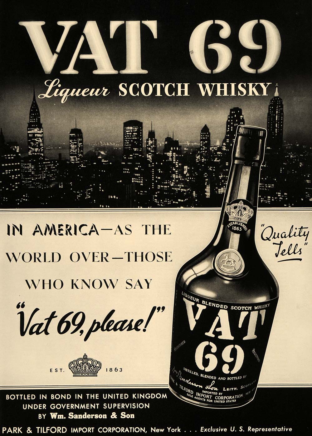 1936 Ad Park Tilford VAT 69 Scotch Whisky City Skyline - ORIGINAL ESQ3