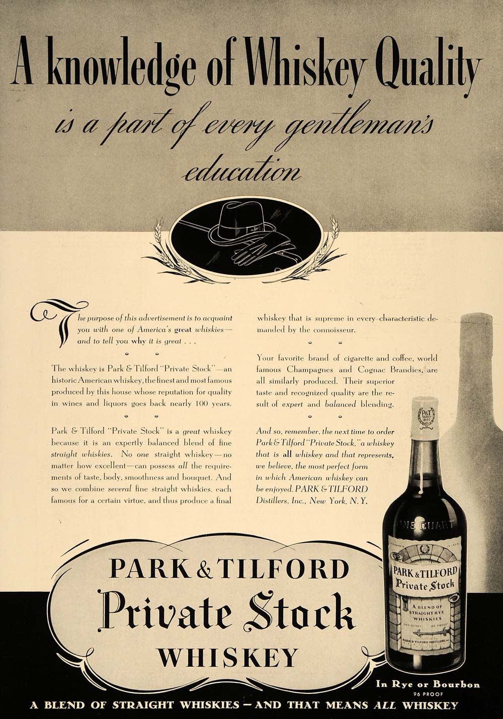 1936 Ad Park Tilford Private Stock Whiskey 96 Proof - ORIGINAL ADVERTISING ESQ3