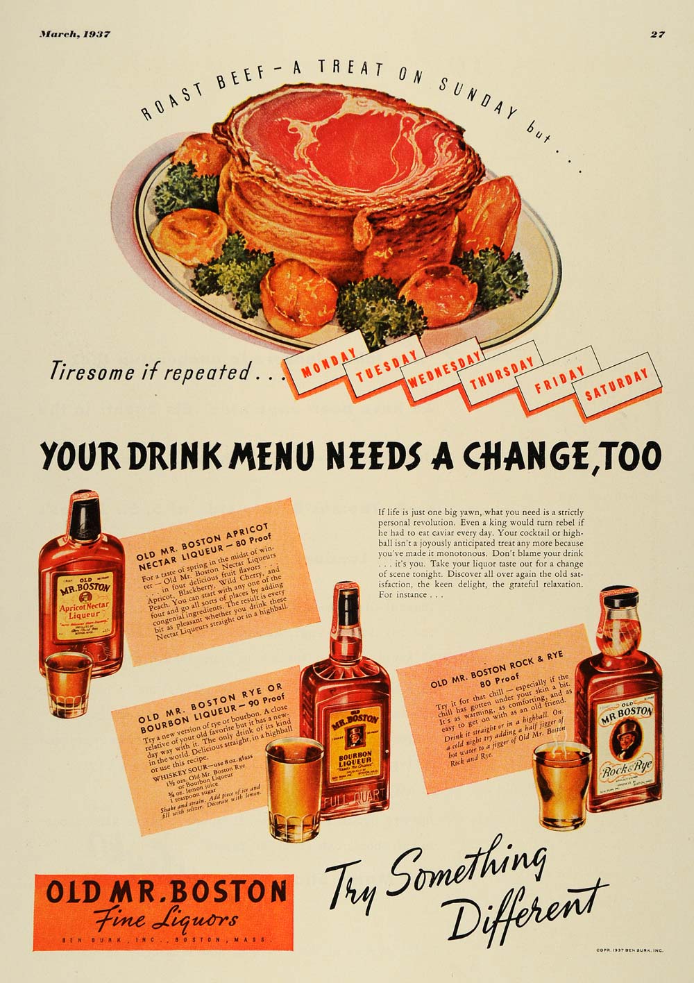 1937 Ad Old Mr. Boston Fine Liquors Apricot Rye Bourbon - ORIGINAL ESQ3