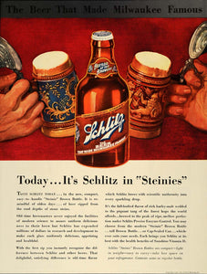 1937 Ad Schlitz Steinies Beer Milwaukee Brown Bottles - ORIGINAL ESQ3