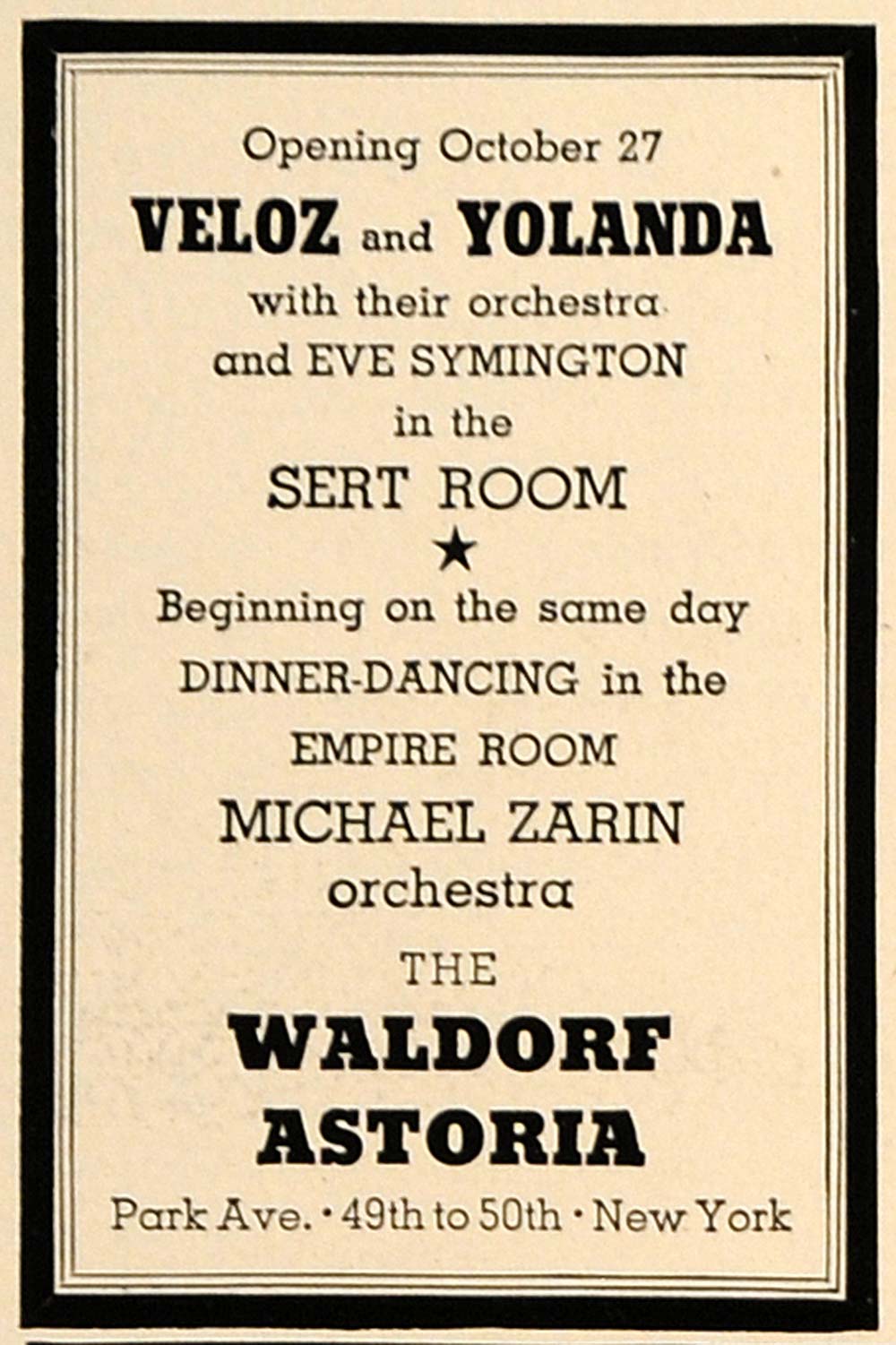1936 Ad Waldorf Astoria Veloz Yolanda Orchestra Zarin - ORIGINAL ESQ3