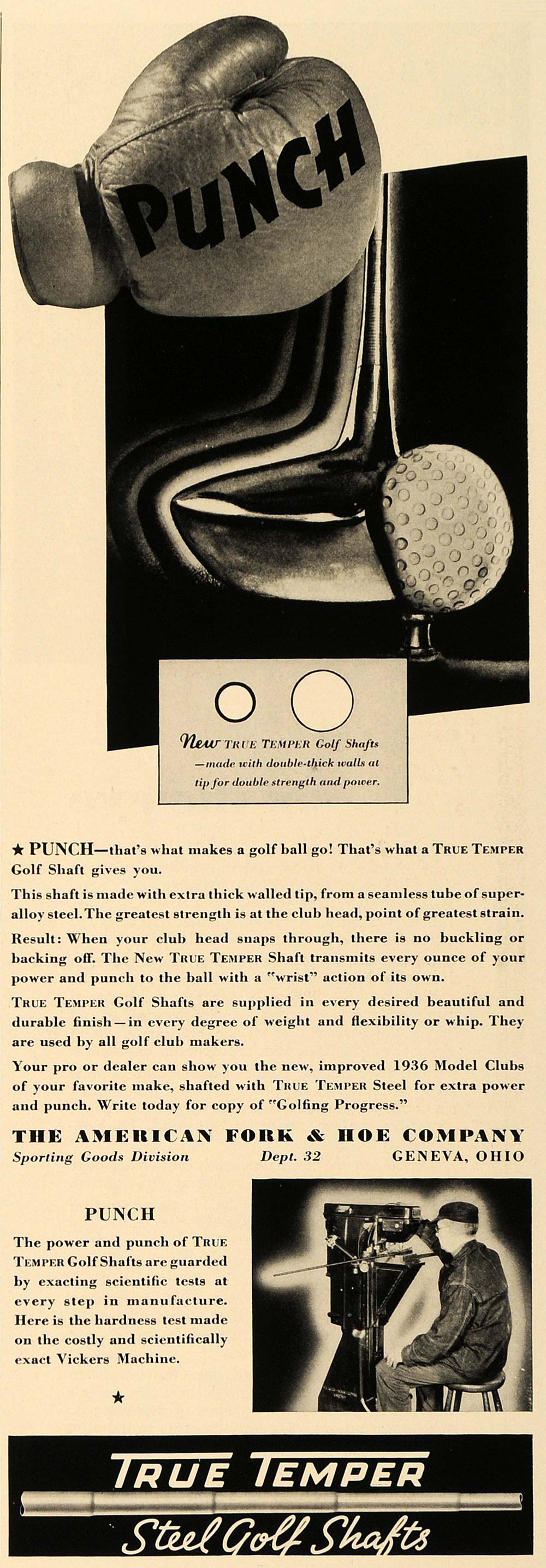 1936 Ad True Temper Golf American Fork Hoe Punch Glove - ORIGINAL ESQ3