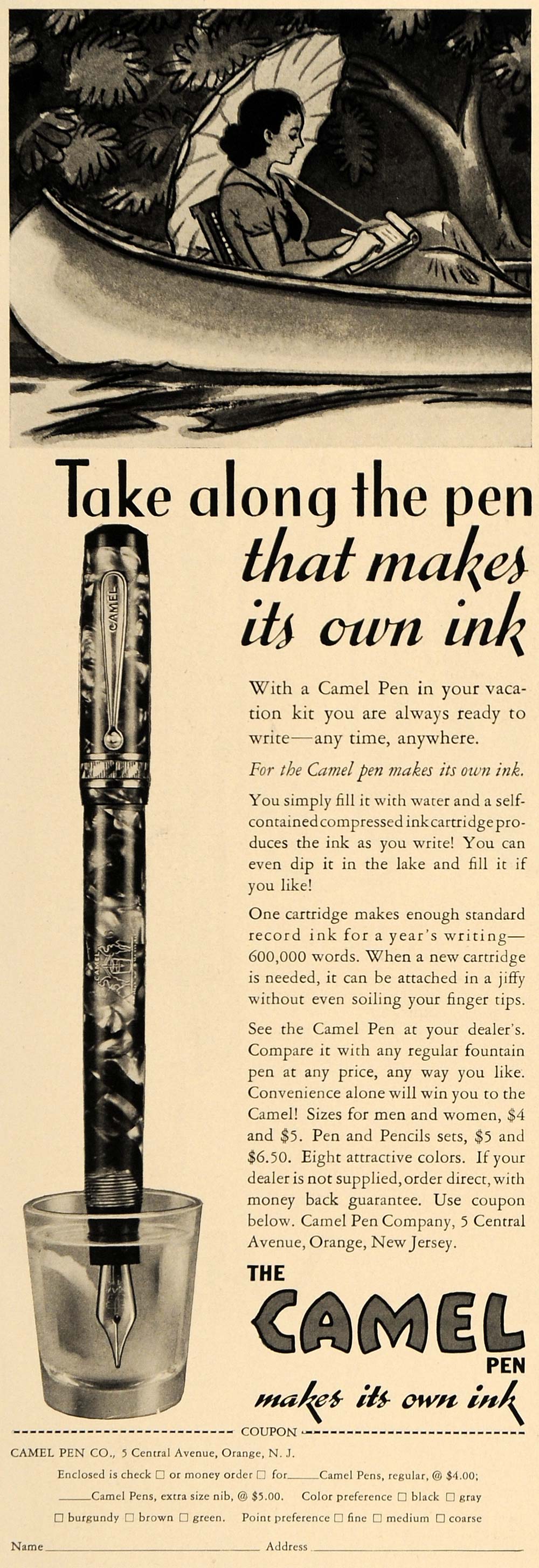 1936 Ad Camel Pen Ink Orange New Jersey Umbrella Canoe - ORIGINAL ESQ3
