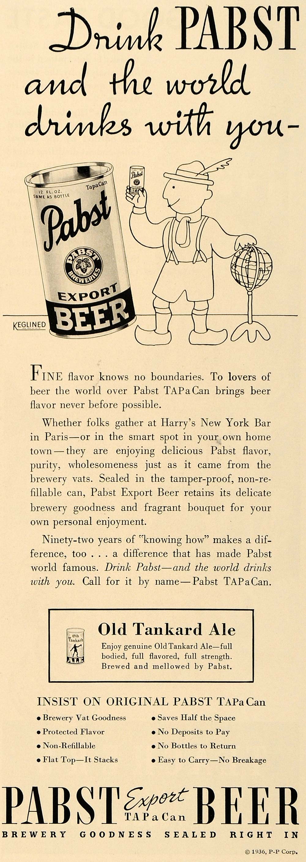 1936 Ad Pabst Beer Lederhosen Tankard Ale Alcohol Drink - ORIGINAL ESQ3