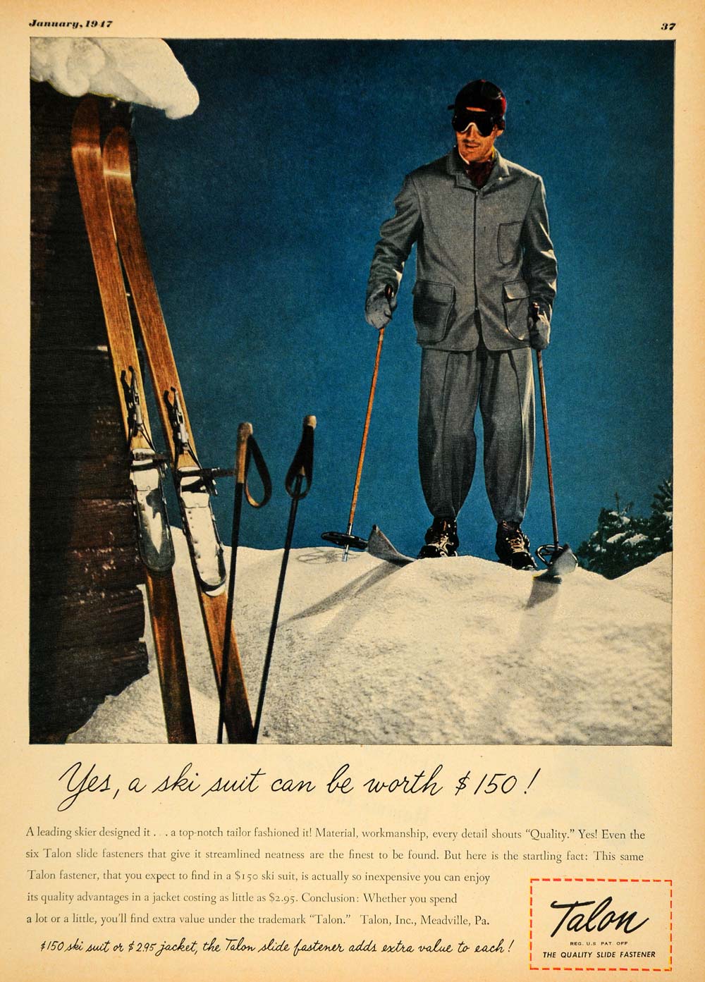 1947 Ad Talon Ski Suit Jacket Winter Sport Skiing Pole Clothing Fashion ESQ4
