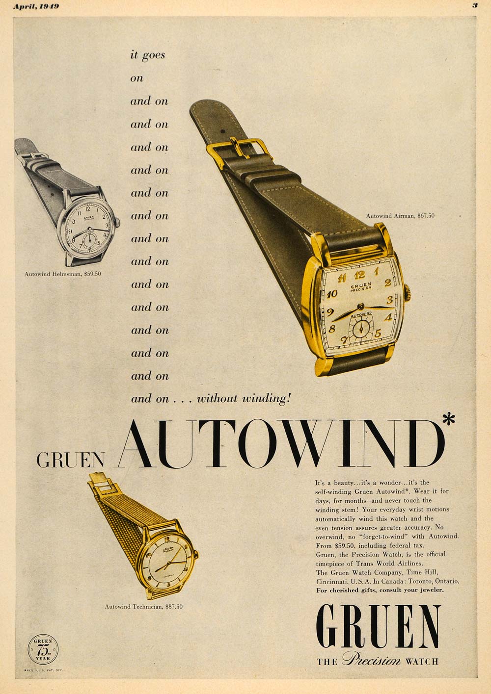 1949 Ad Autowind Gruen Watch Wrist Time Jewelry Hill Cincinnati