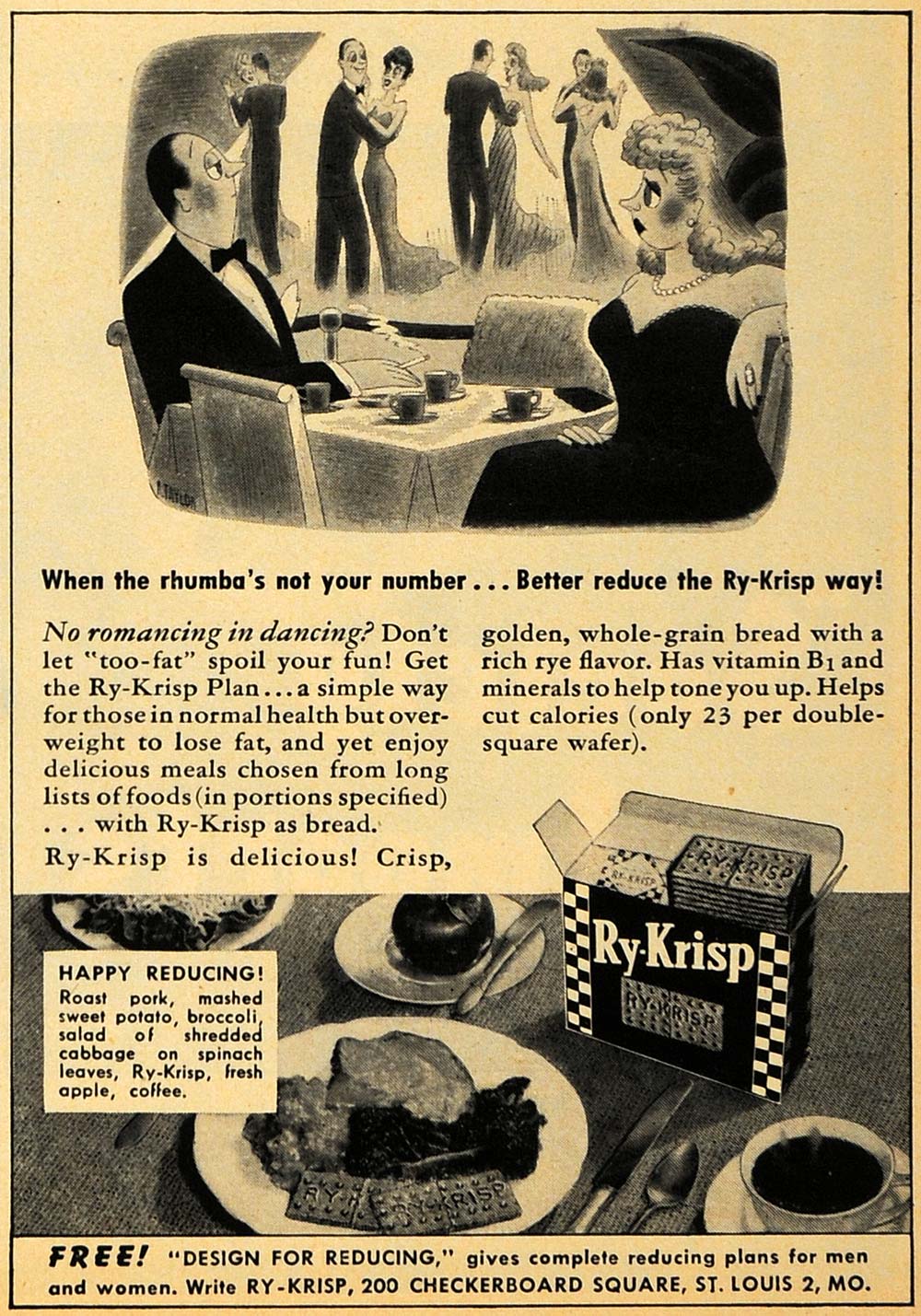 1947 Ad Ry-Krisp Double Square Wafer Crackers Weight Loss Calories Dancing ESQ4