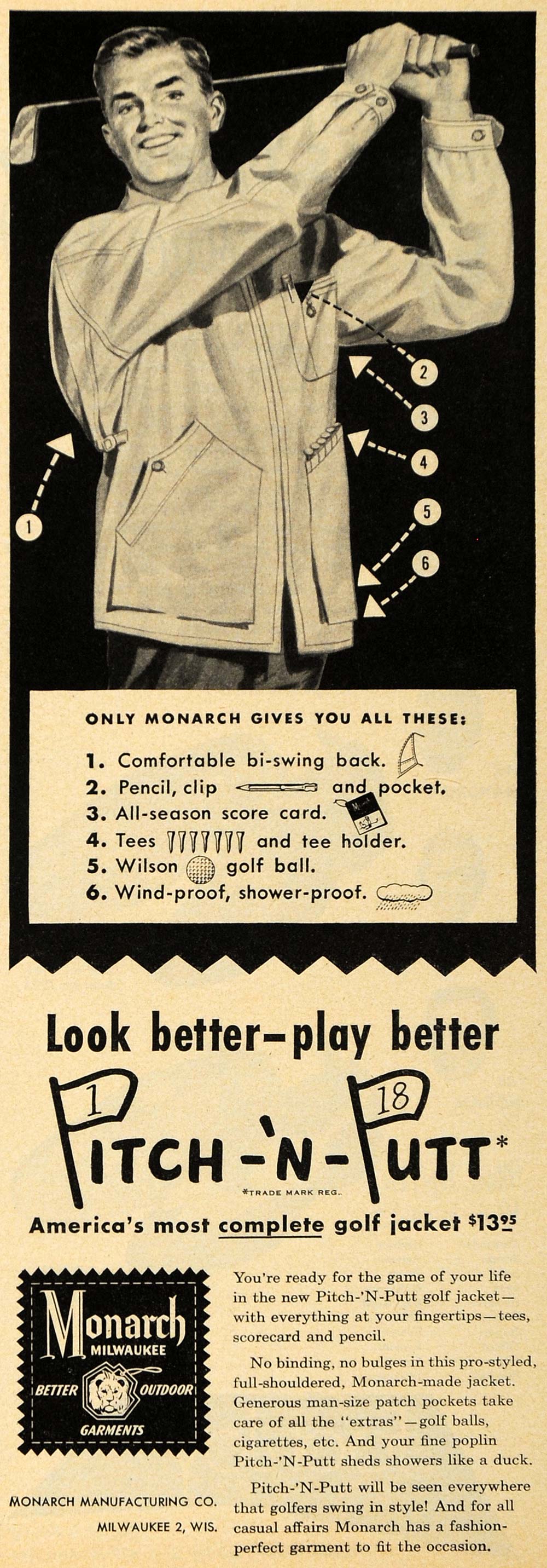 1949 Ad Monarch Mfg. Co. Pitch-'N-Putt Golf Jacket - ORIGINAL ADVERTISING ESQ4