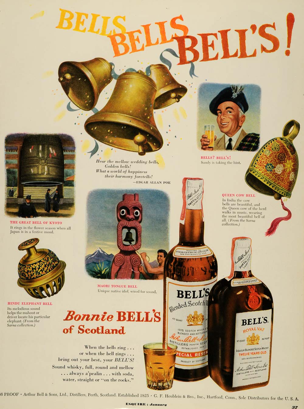 1952 Ad Bonnie Bells Whisky Scotland Maori Tongue Bell - ORIGINAL ESQ4