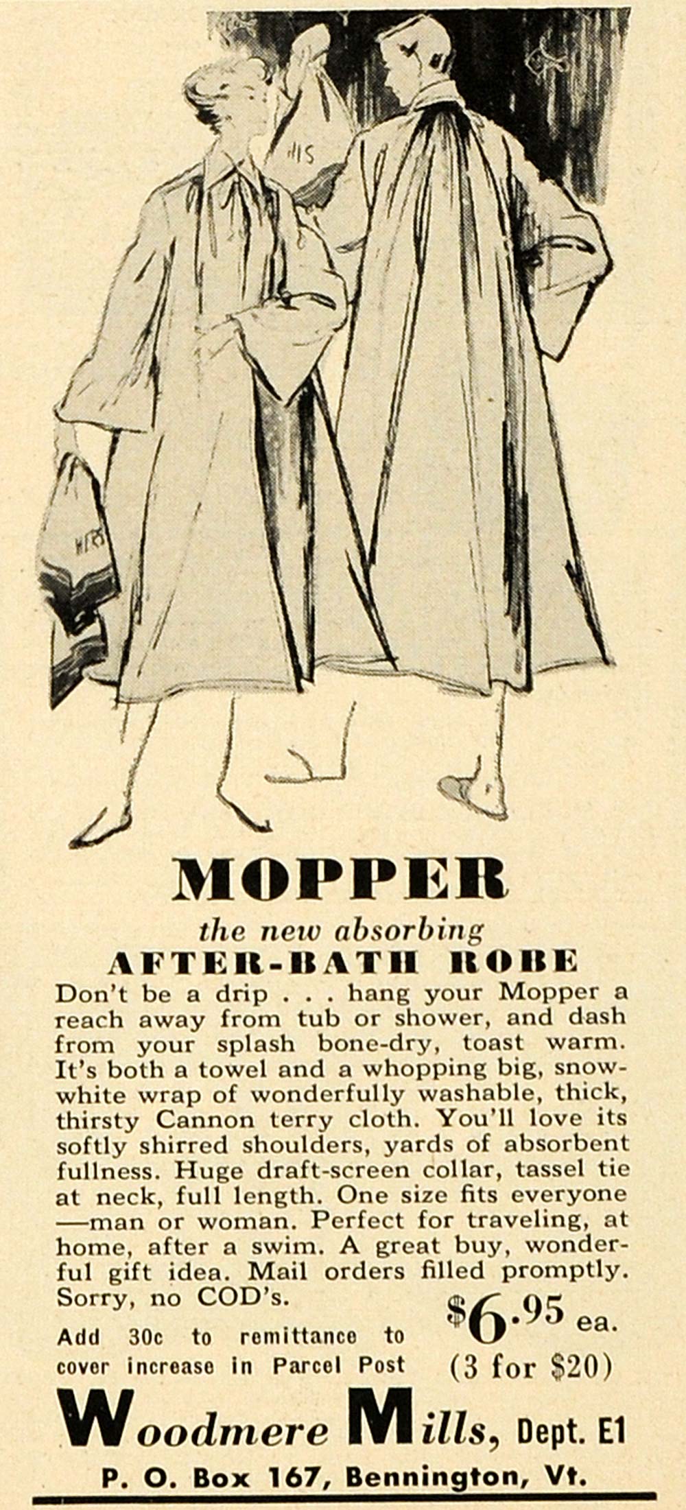 1954 Ad Mopper Bath Robe Woodmere Mills Bennington VT - ORIGINAL ESQ4