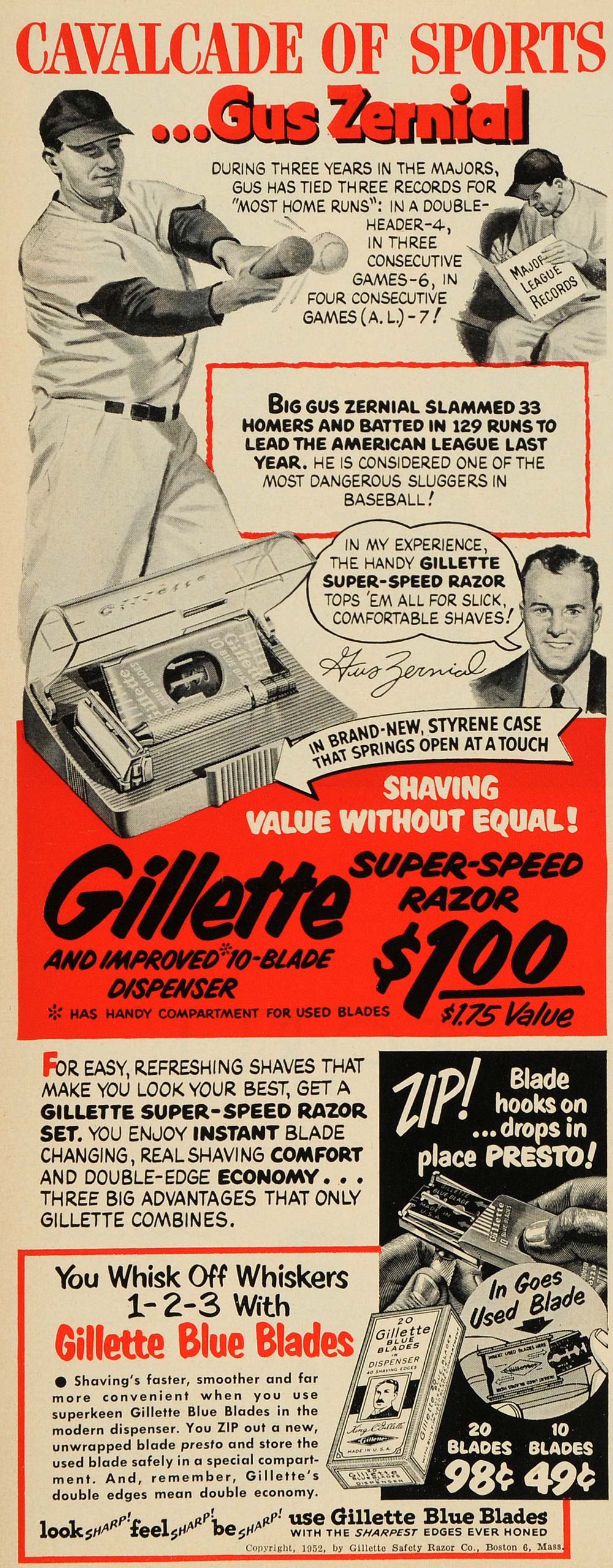 1952 Ad Gus Zernial Baseball Gillette Blue Blades Razor - ORIGINAL ESQ4
