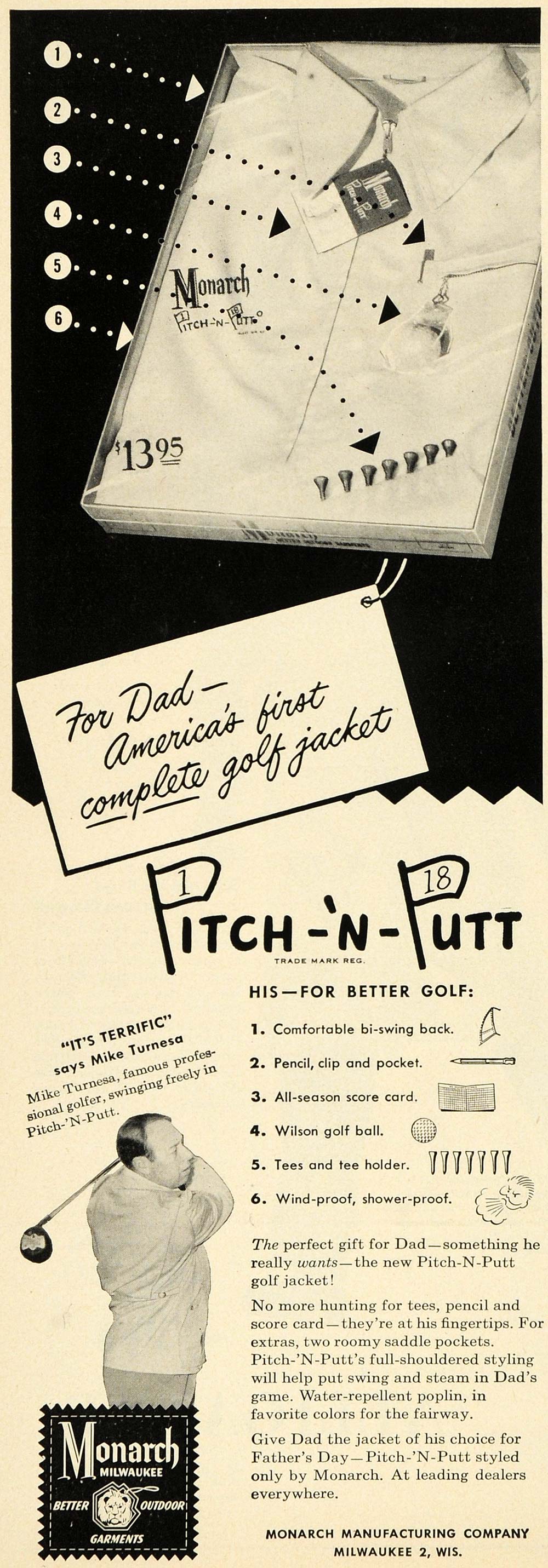 1952 Ad Pitch-'N-Putt Golf Jacket Monarch Milwaukee - ORIGINAL ADVERTISING ESQ4