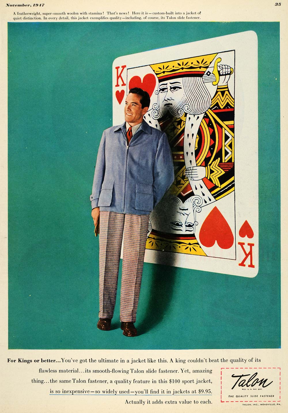 1947 Ad Talon Inc Men Clothing Jacket Playing Card King - ORIGINAL ESQ4