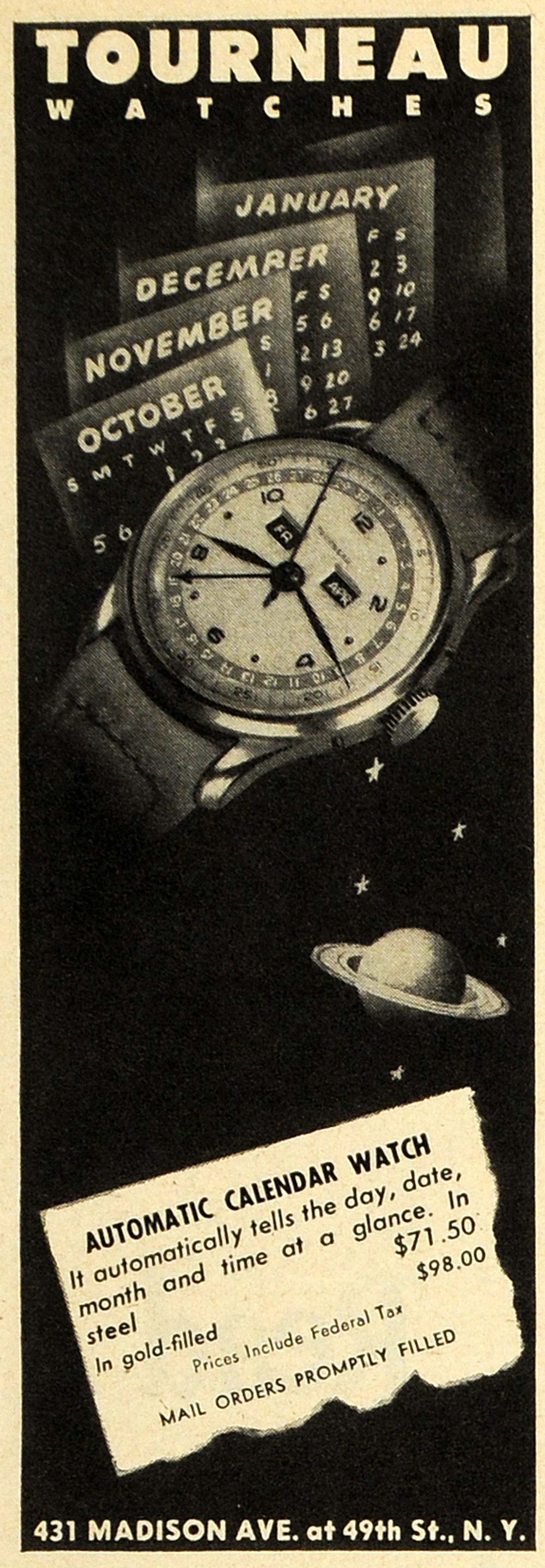 1947 Ad Tourneau Watches Automatic Calendar Wrist Watch - ORIGINAL ESQ4