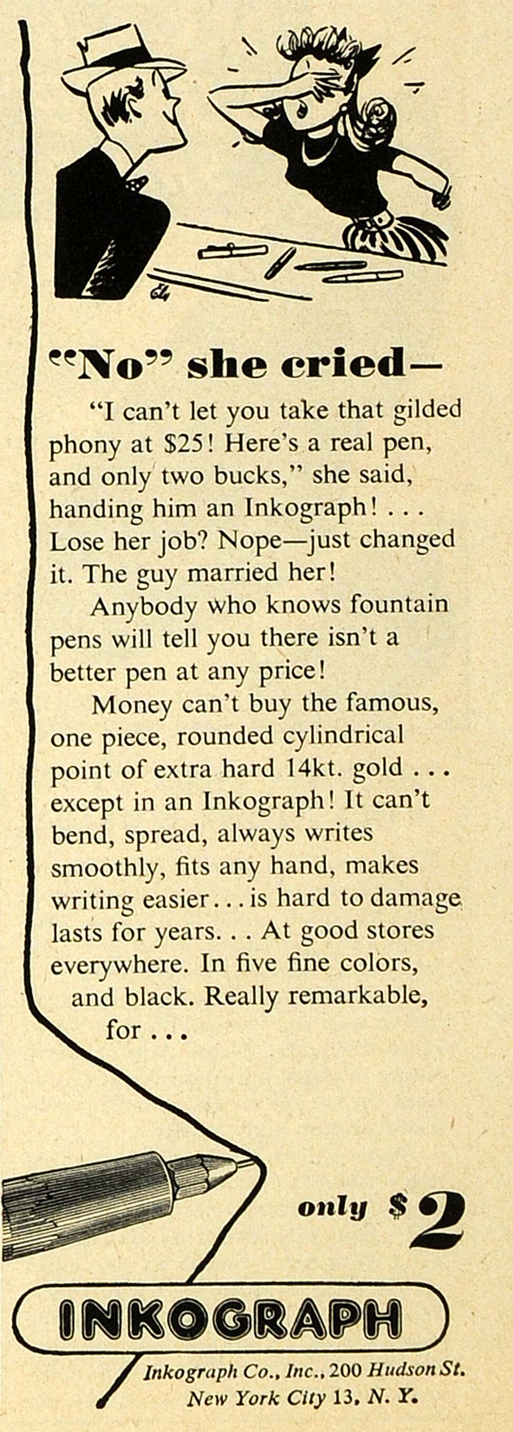 1947 Ad Inkograph Co Fountain Color Pen Writing Utensil ORIGINAL ESQ