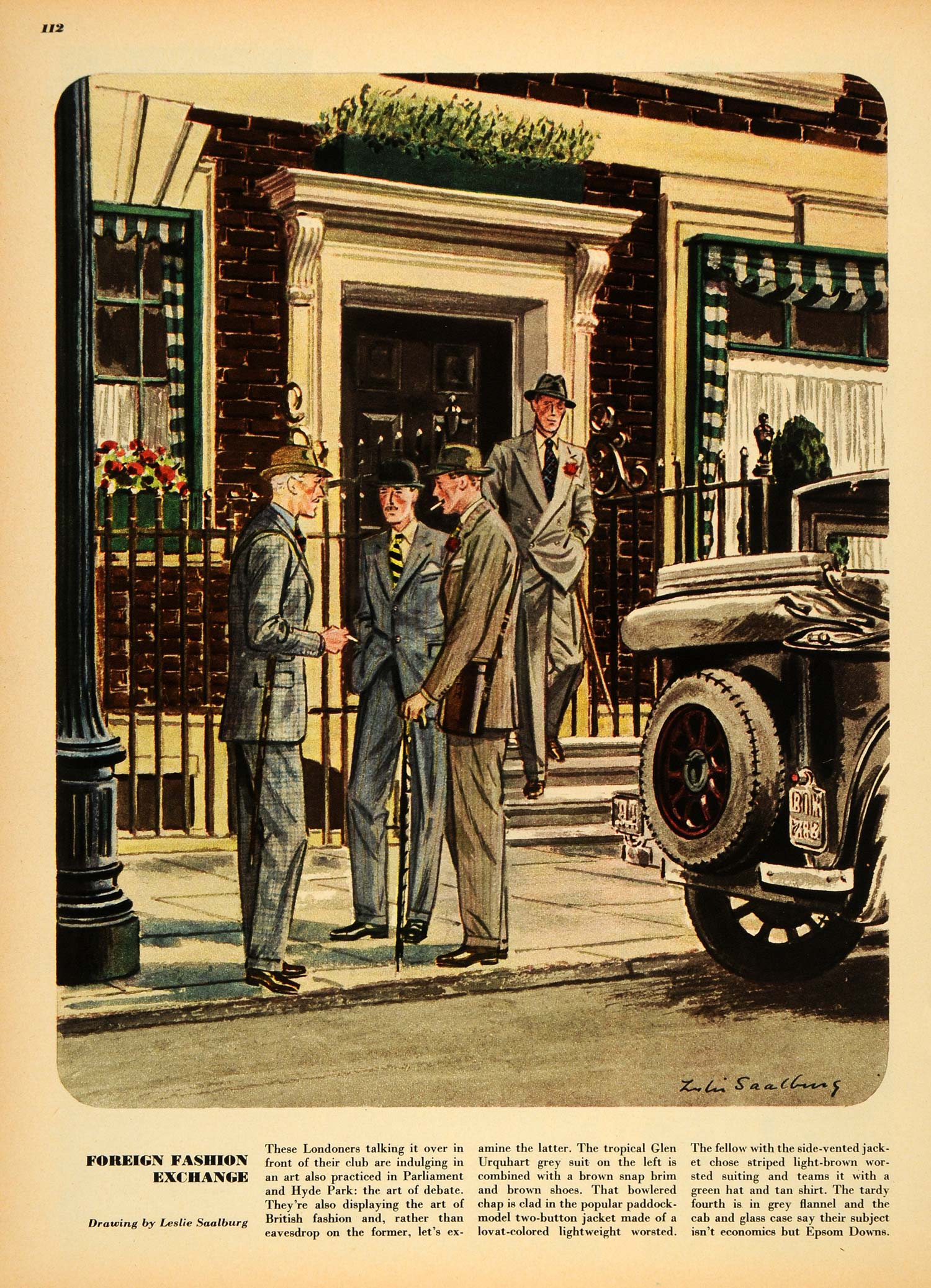 1947 Print Artist Leslie Saalburg Gentlemen's Fashions Clothing Sidewalk ESQ4