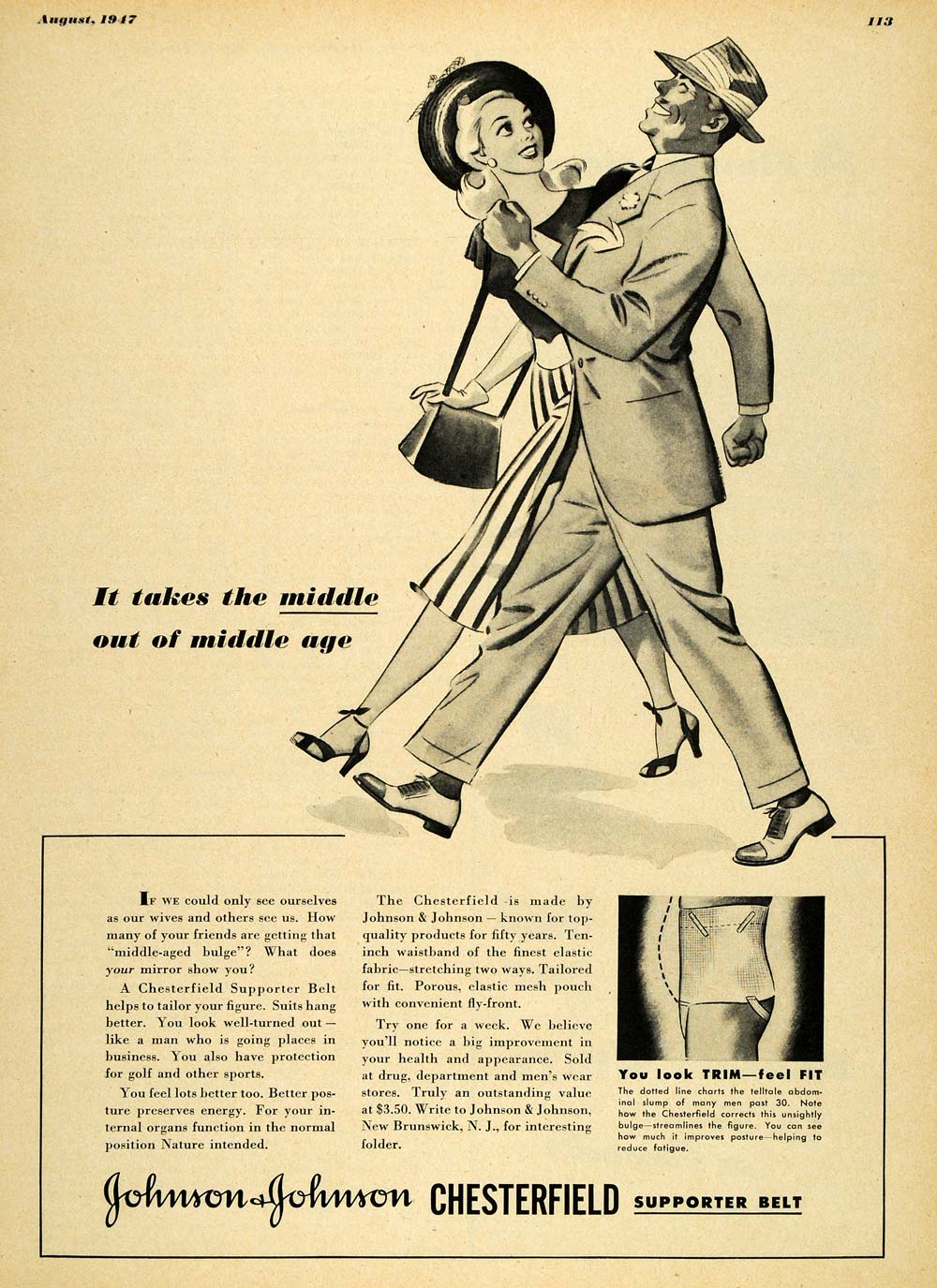 1947 Ad Johnson & Johnson Belt Trim Weight Fitness - ORIGINAL ADVERTISING ESQ4