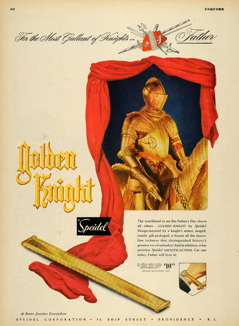 1947 Ad Watchband Golden Knight Speidel Armor Jewels - ORIGINAL ADVERTISING ESQ4