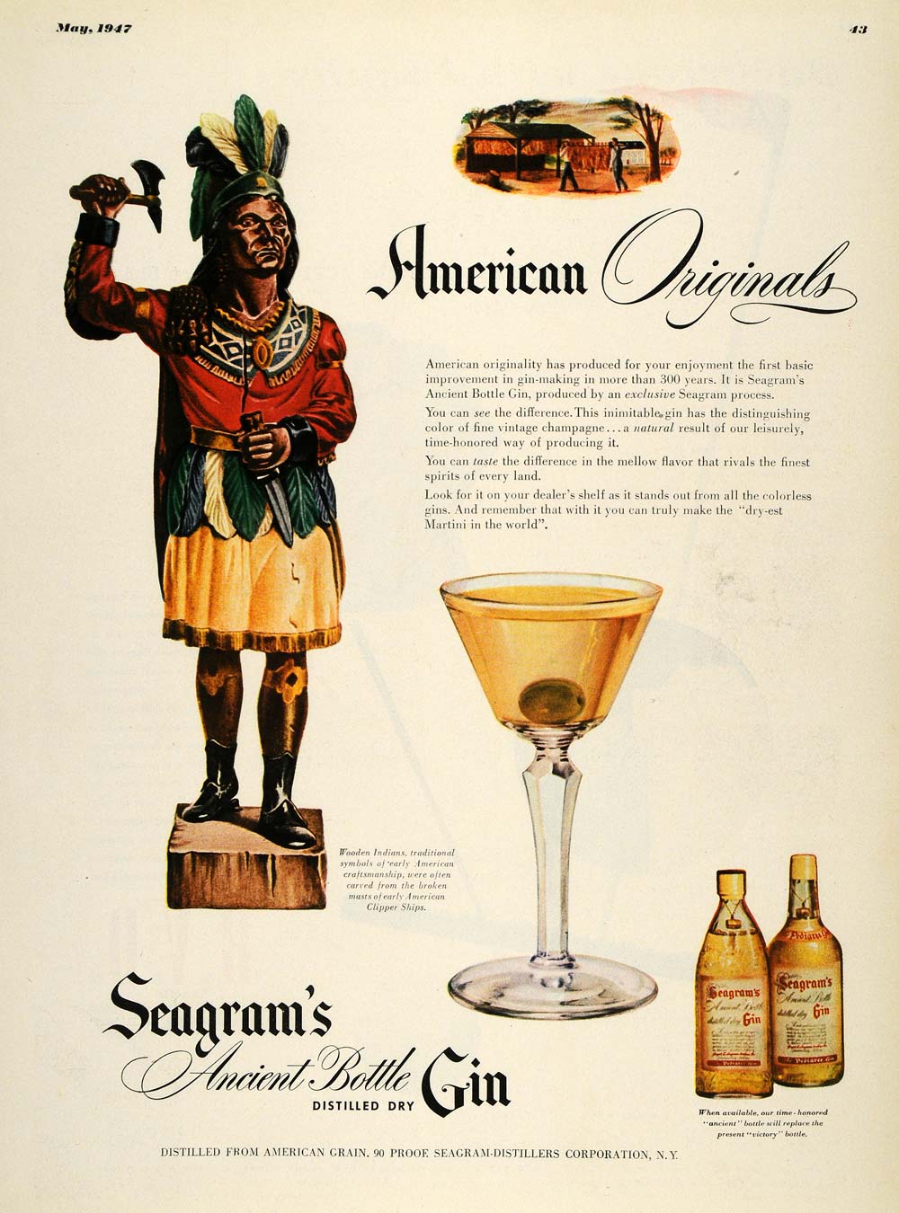 1947 Ad Seagrams Ancient Bottle Dry Gin Native American - ORIGINAL ESQ4