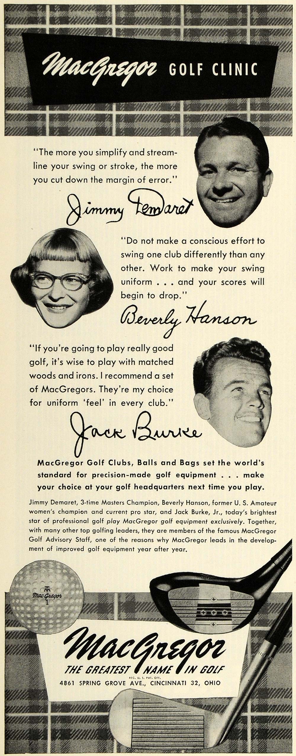 1952 Ad Macgregor Golf Club Hanson Burke Jimmy Demaret - ORIGINAL ESQ4
