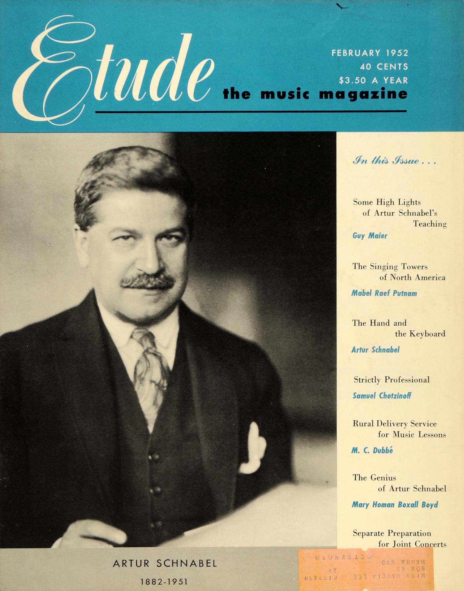 1952 Cover The Etude Music Artur Schnabel Pianist Teach - ORIGINAL ET1