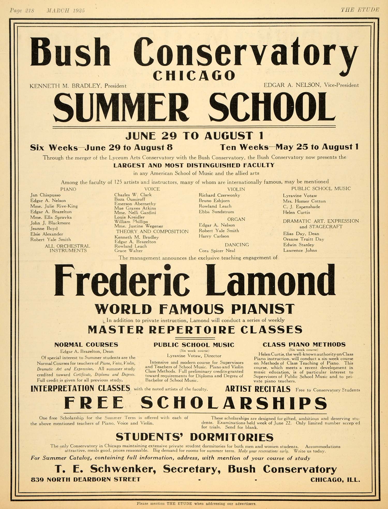 1925 Ad Bush Conservatory Chicago Frederic Lamond Music - ORIGINAL ET1