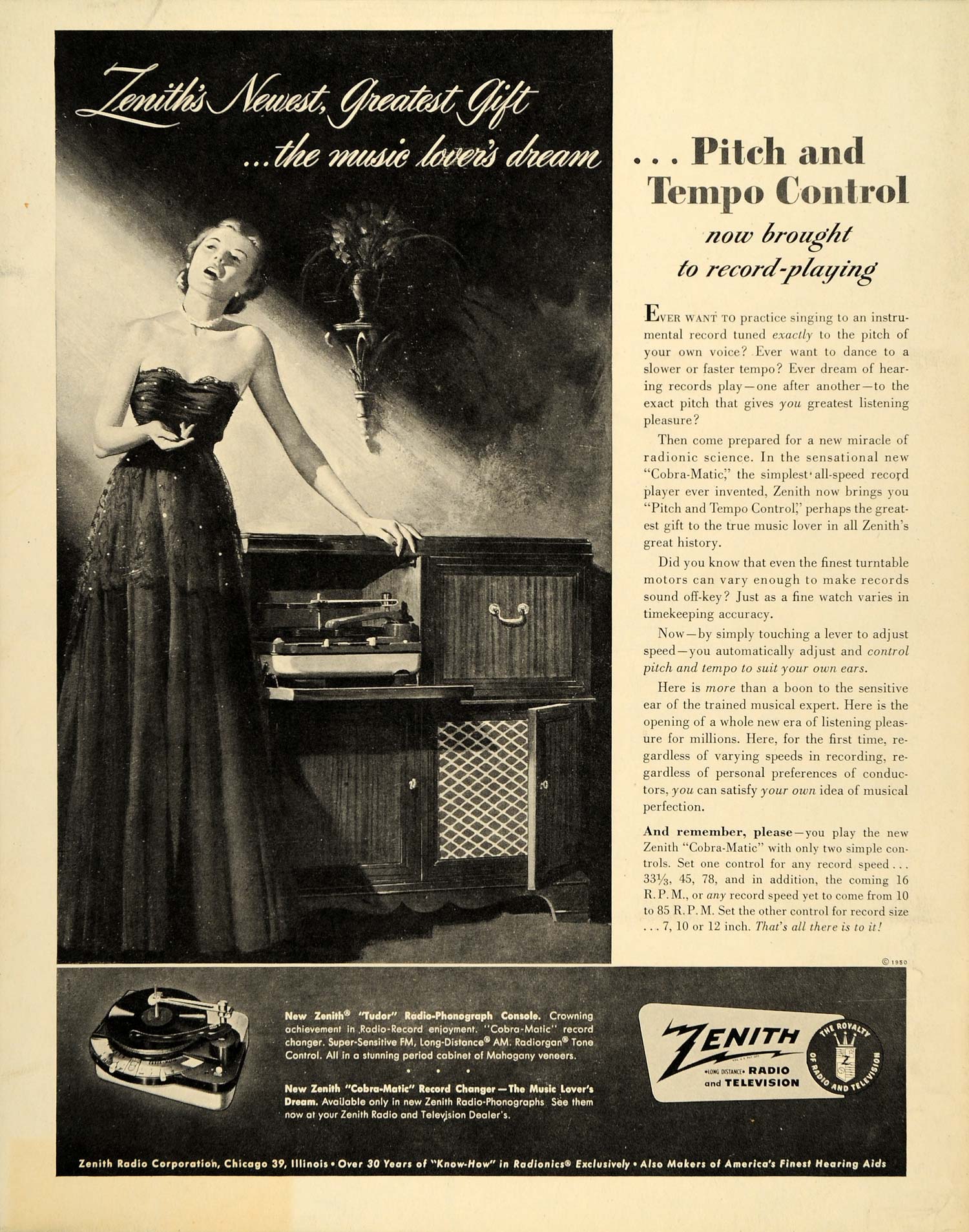 1950 Ad Zenith Record Player Phonograph Cobra Matic - ORIGINAL