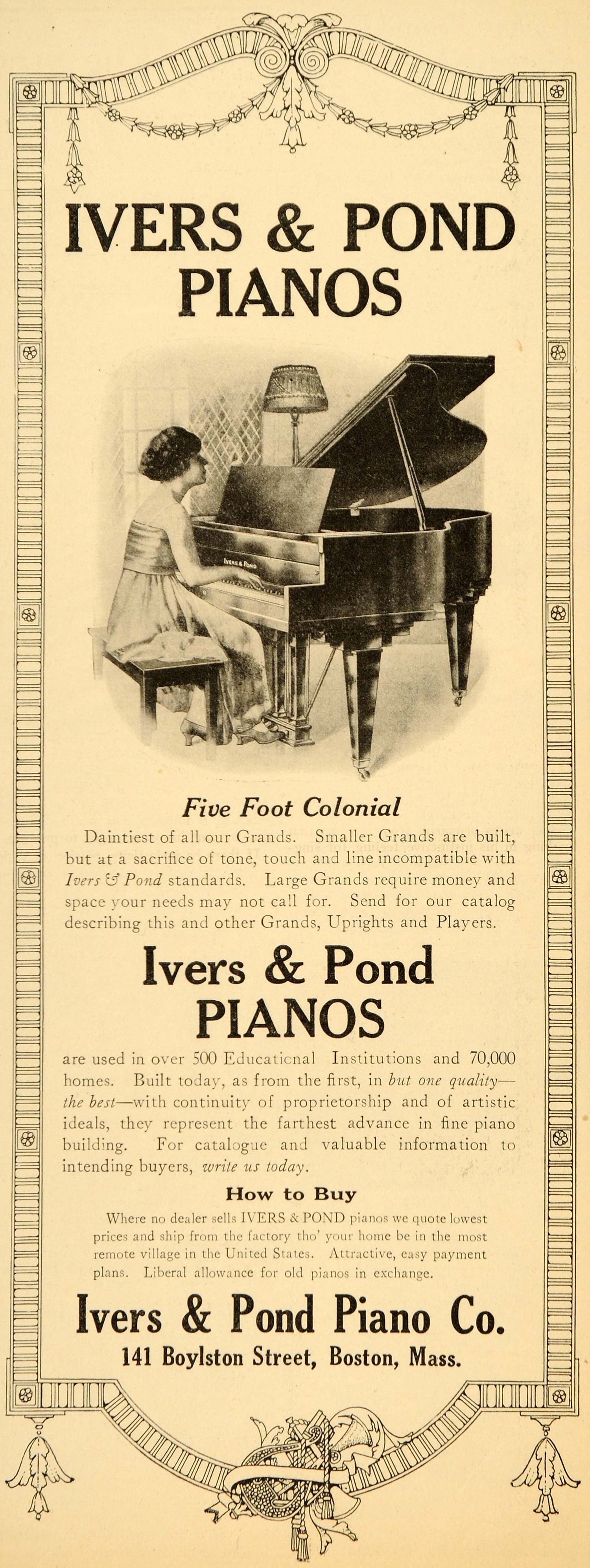 1925 Ad Ivers Pond Pianos Colonial Boylston St Boston - ORIGINAL ADVERTISING ET1