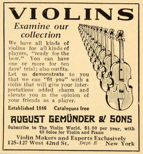 1925 Ad August Gemunder Violins Makers New York World - ORIGINAL ADVERTISING ET2
