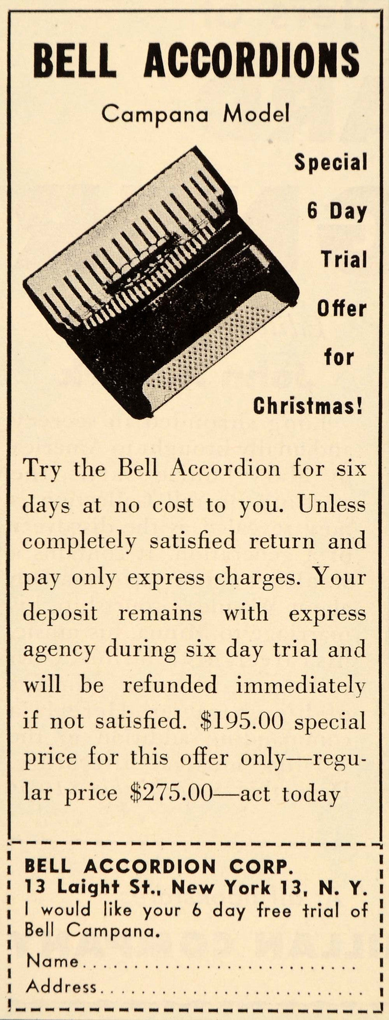 1950 Ad Bell Accordions Campana Model Instrument Music - ORIGINAL ET2 - Period Paper
