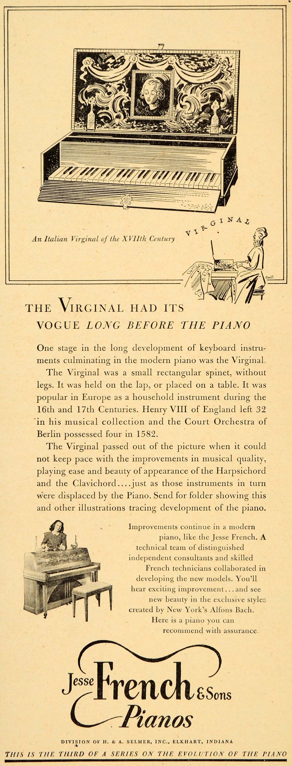 1947 Ad Jesse French Sons Pianos Virginal Alfons Bach ORIGINAL ADVER