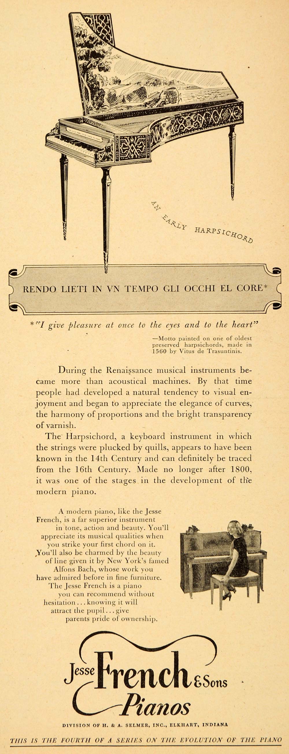 1947 Ad Jesse French Sons Pianos Harpsichord Musical ORIGINAL ADVERT