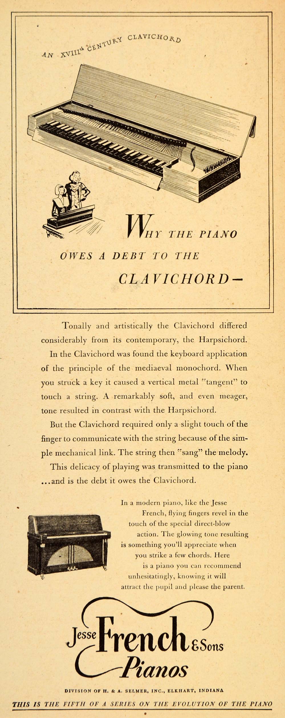 1948 Ad Jesse French Pianos Clavichord Elkhart Medieval - ORIGINAL ET2