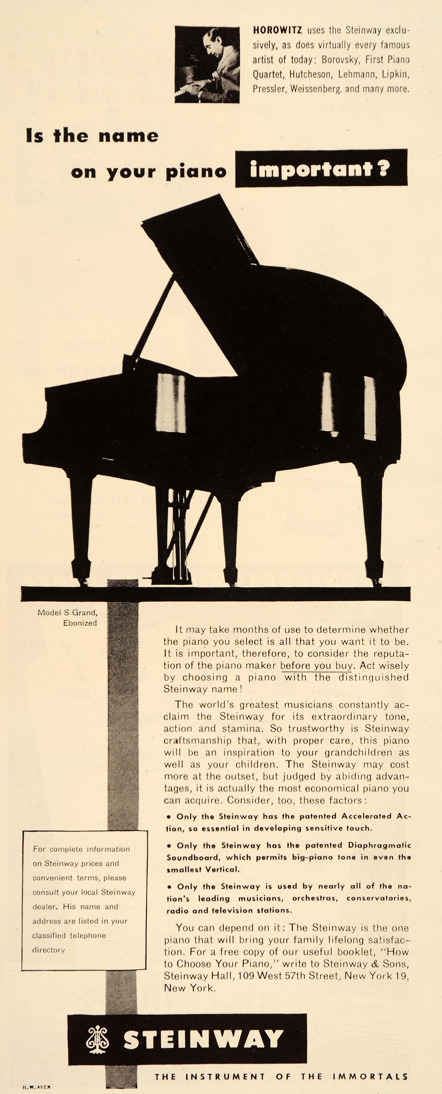 1951 Ad Steinway Piano Grand Model S Horowitz Ebonized - ORIGINAL ET2