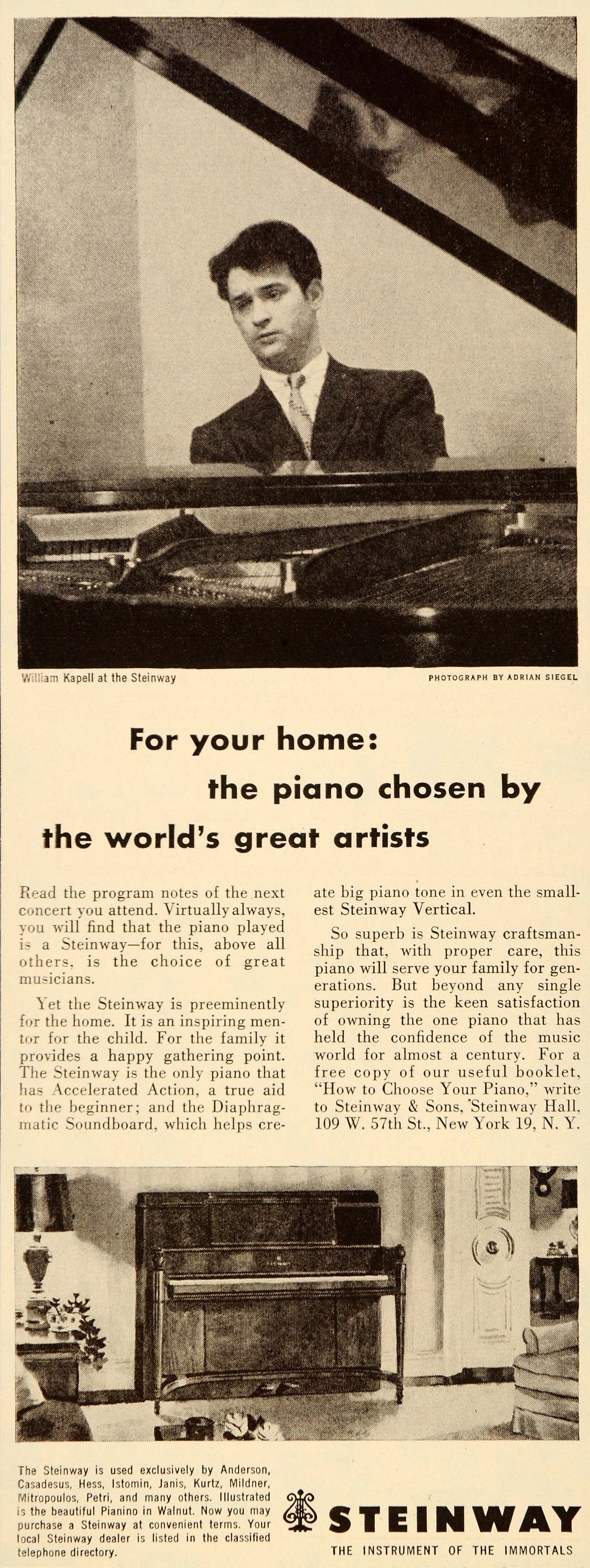 1951 Ad Steinway Piano William Kapell Grand Siegel - ORIGINAL ADVERTISING ET2
